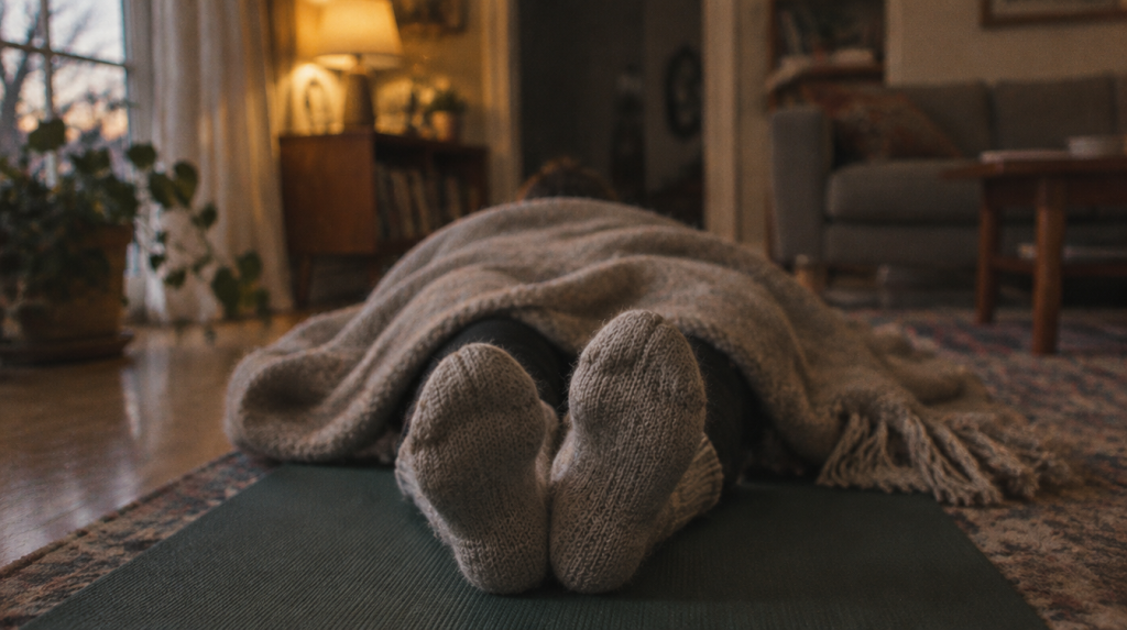 Allongé sur un tapis sous une couverture pendant une séance de yoga nidra