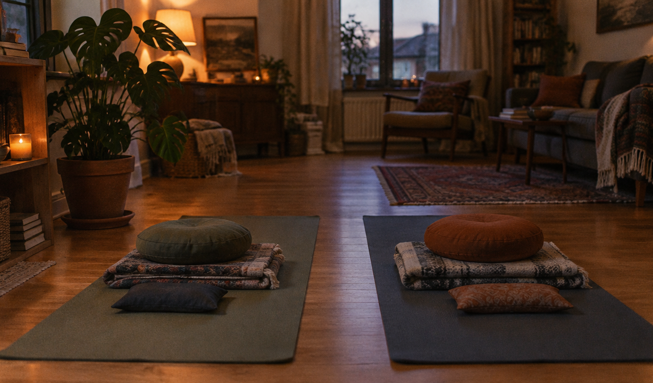 Deux tapis de yoga avec couvertures et coussins dans un salon le soir