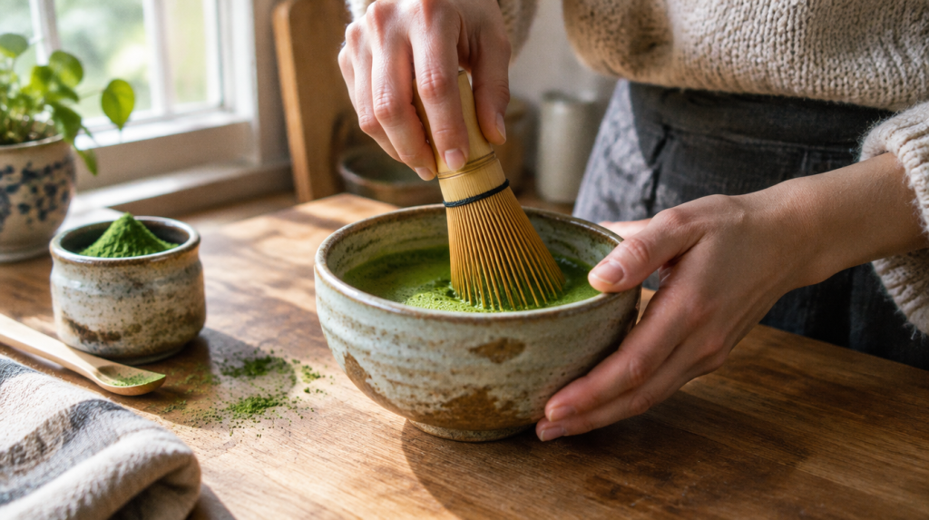 Matcha fouetté au fouet en bambou dans un bol en céramique