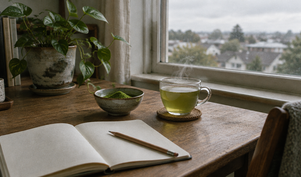 Tasse de thé vert et bol de matcha sur un bureau près de la fenêtre