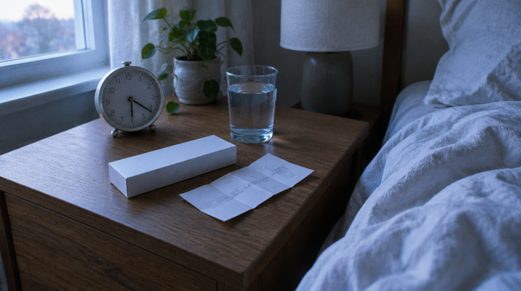 Kit de prélèvement, verre d’eau et réveil sur la table de chevet au petit matin