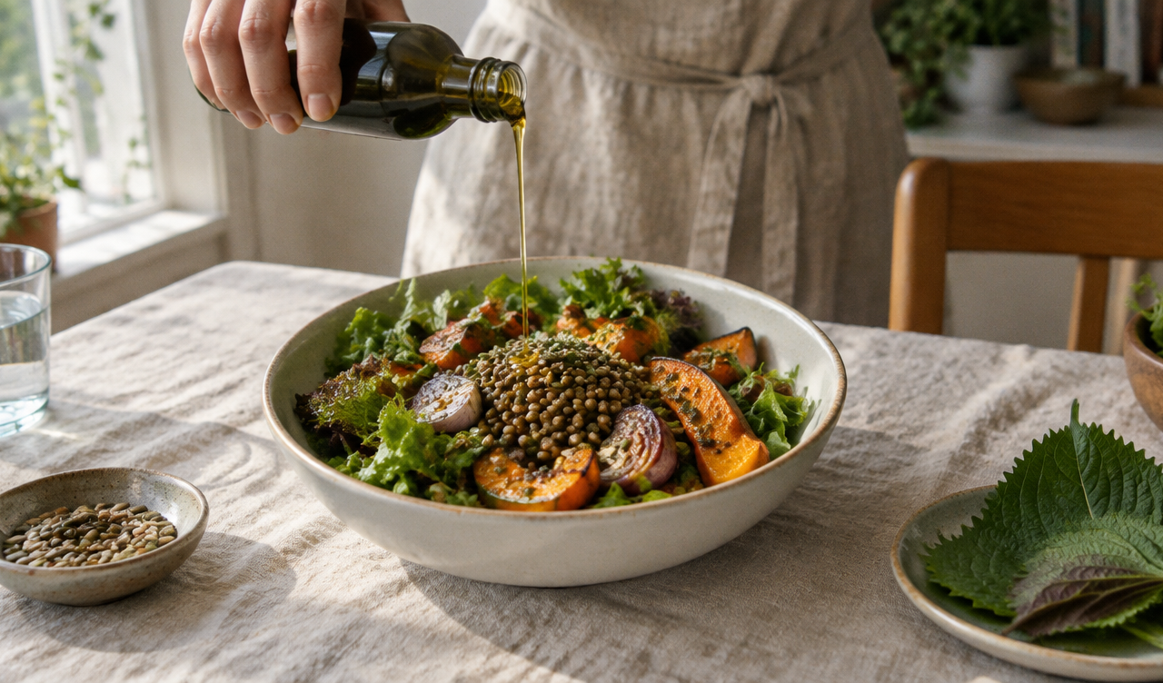 Filet d’huile de périlla versé sur un bol de salade aux lentilles