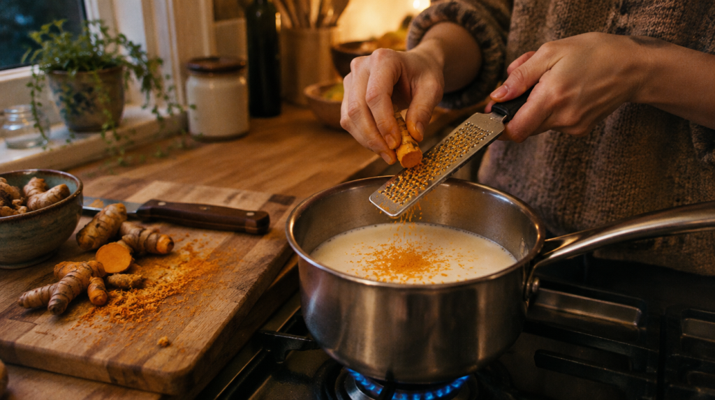 Curcuma frais râpé dans une casserole de lait chaud