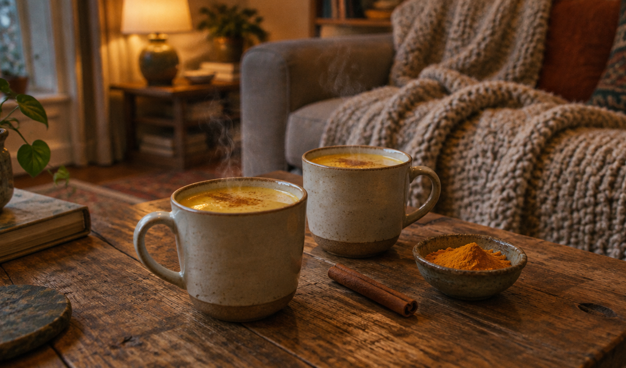 Deux tasses de lait d’or au curcuma sur une table basse le soir