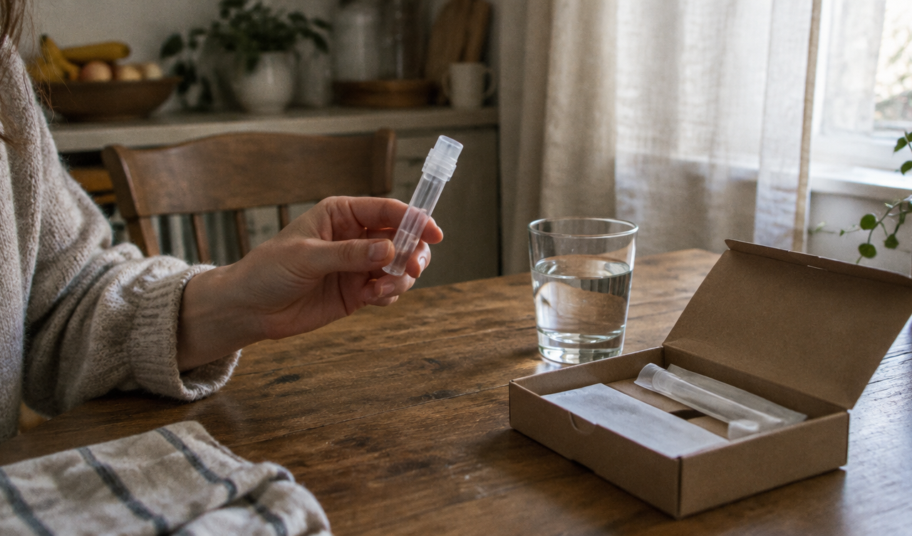 Tube de prélèvement salivaire tenu au-dessus de la table du petit-déjeuner