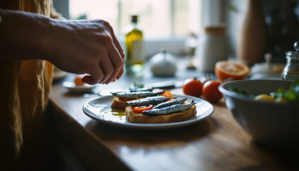 Tartines de sardines et tomates préparées dans la cuisine