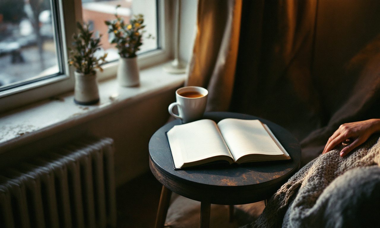 Un fauteuil près de la fenêtre le soir, une tisane à portée de main