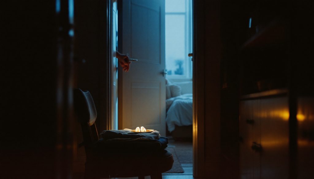 Couloir au petit matin avec une veilleuse, des vêtements préparés sur une chaise et une main qui referme doucement la porte de la chambre