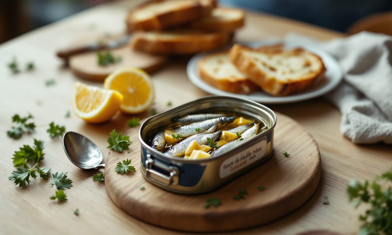 Boîte de sardines ouverte avec citron, pain grillé et persil