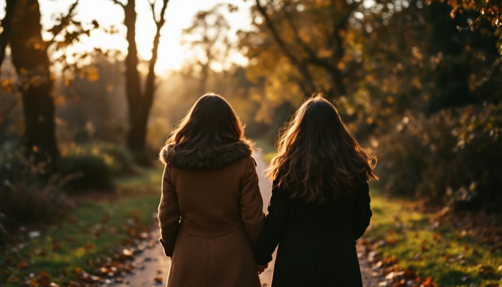 Balade à deux dans un parc en automne au lever du soleil
